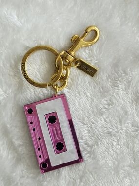 Pink Cassette Keychain Charm - Gold Hardware Bling Bag Charm C Logo